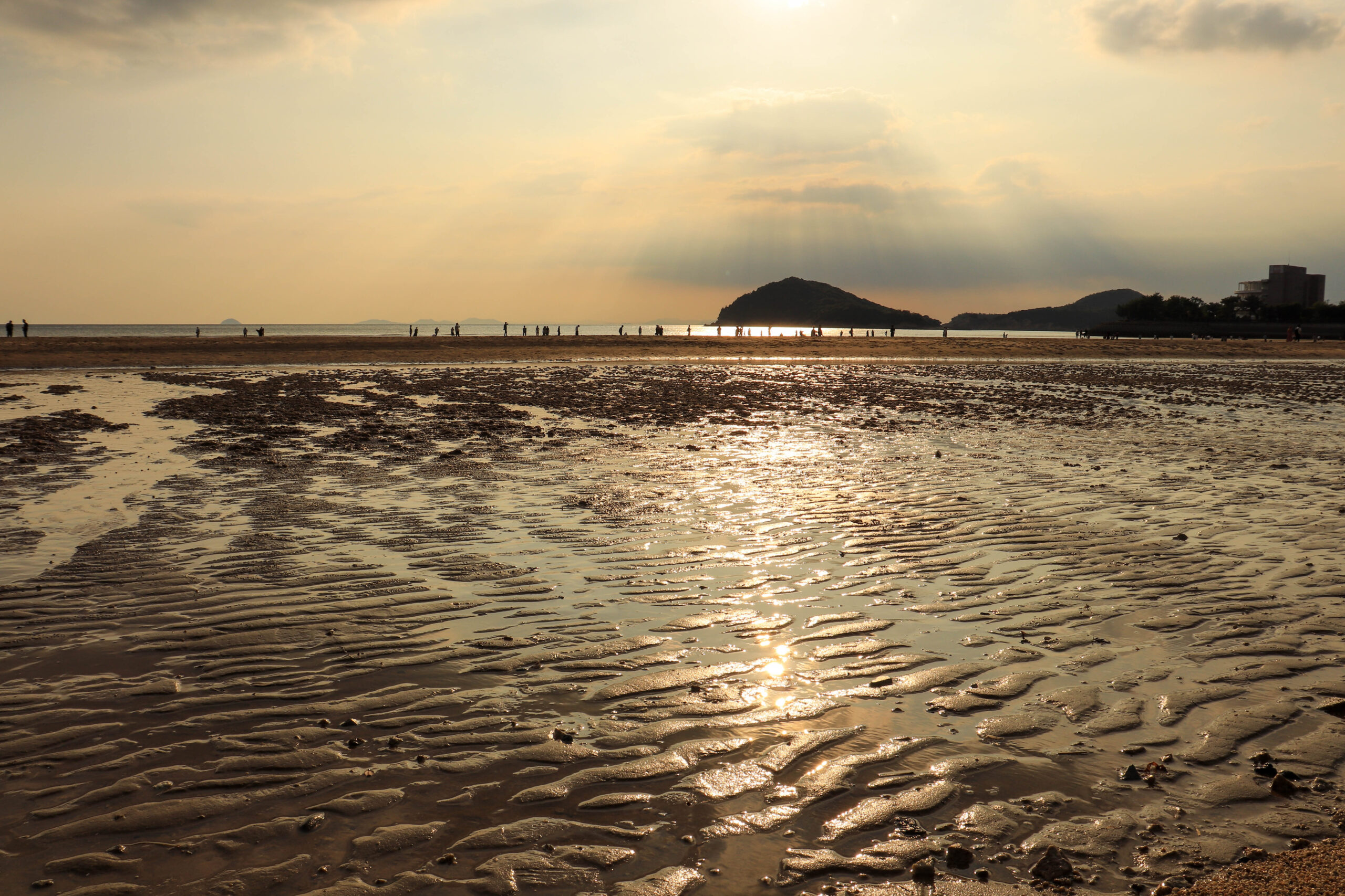 夕日を受けて光る父母ヶ浜の砂浜と浅い水面