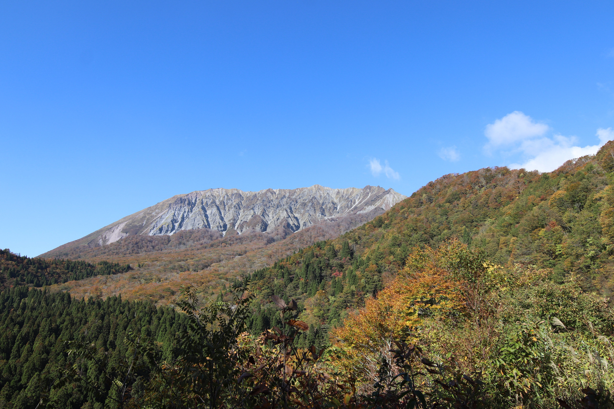 鍵掛峠から見た大山の南壁と、手前に広がる赤や黄色の紅葉