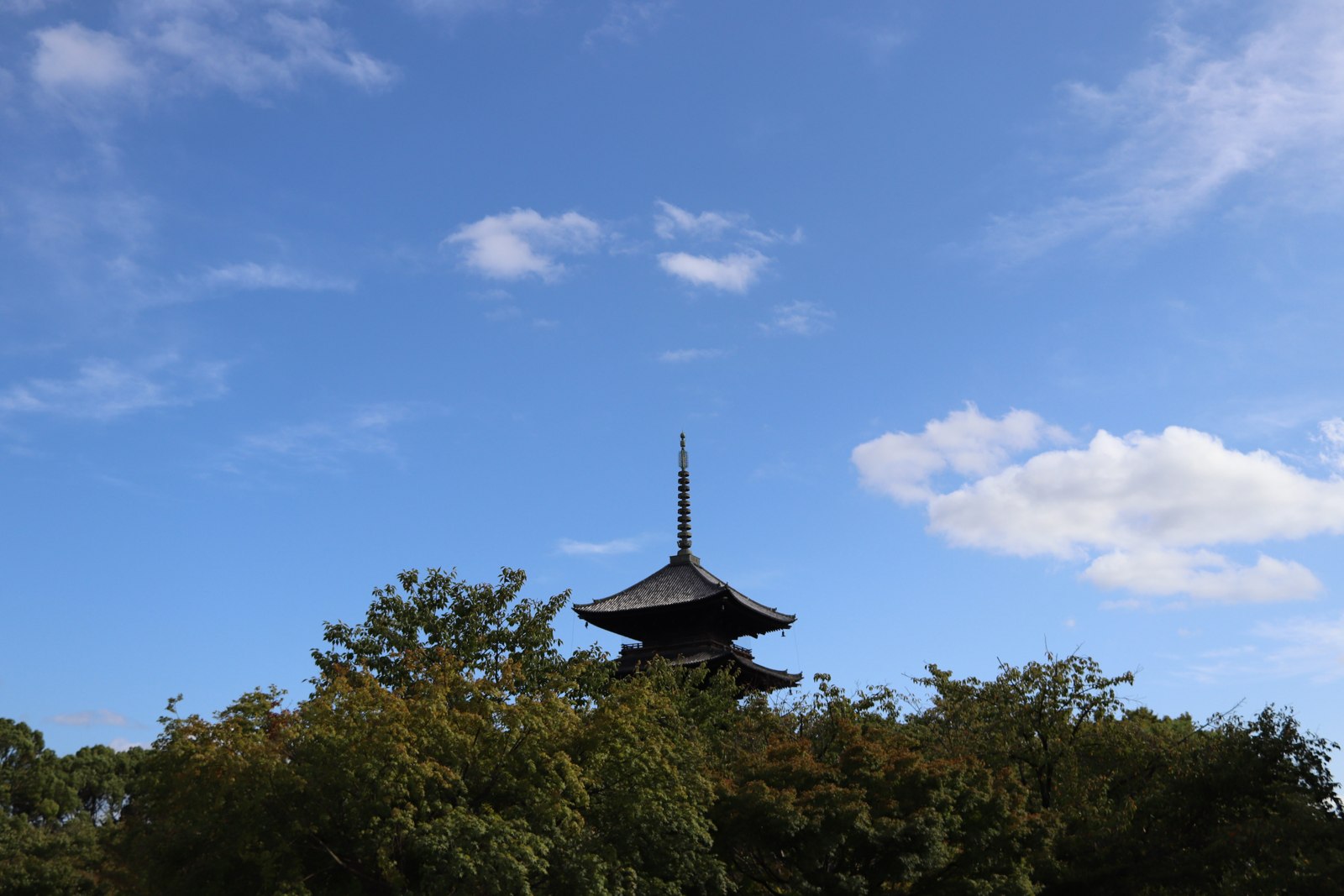 青空と白い雲を背景に、木々の上から屋根を見せる東寺の五重塔