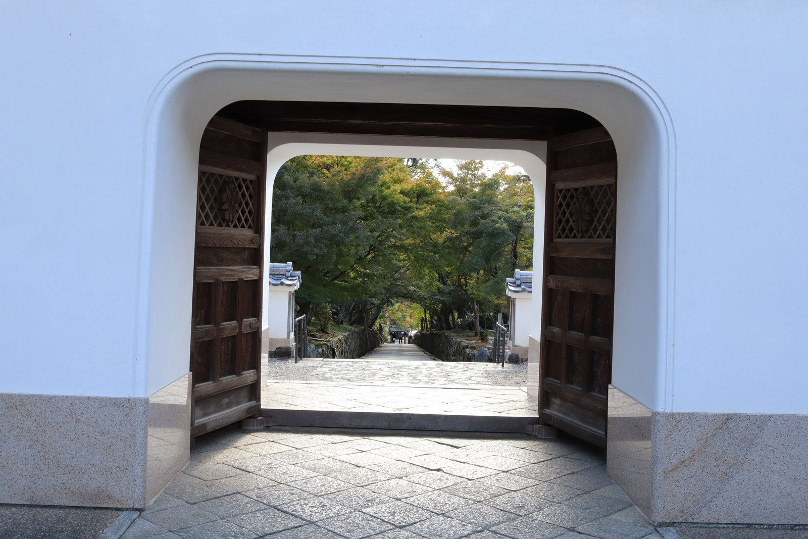 興聖寺の白い山門の開口部と、その向こうに続く境内の道