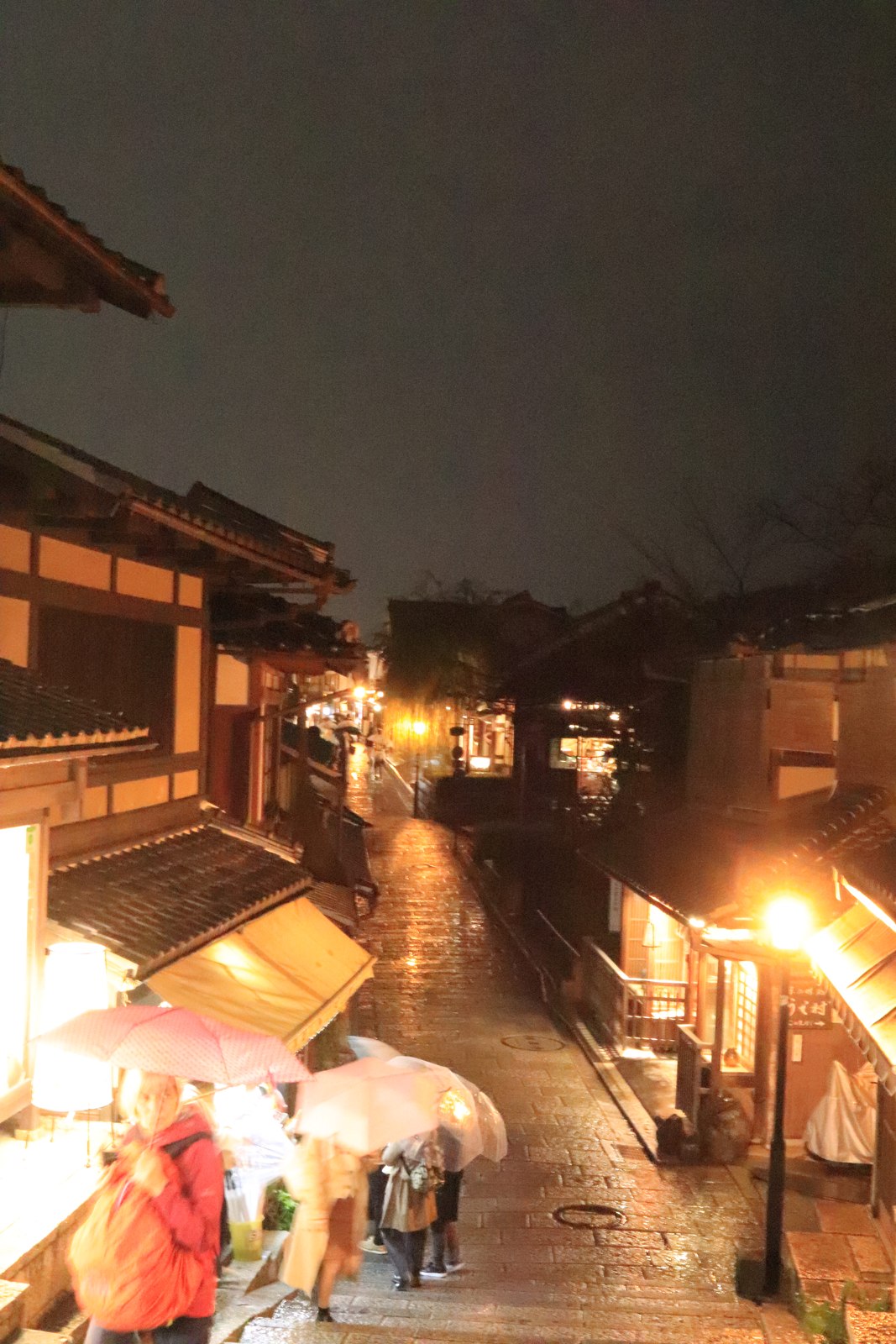 夜の東山で町家の灯りと濡れた石畳が続く坂道